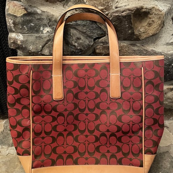 Coach Signature Zip Top Tote Red Canvas Tan Leather Trim Handbag - Picture 3 of 9